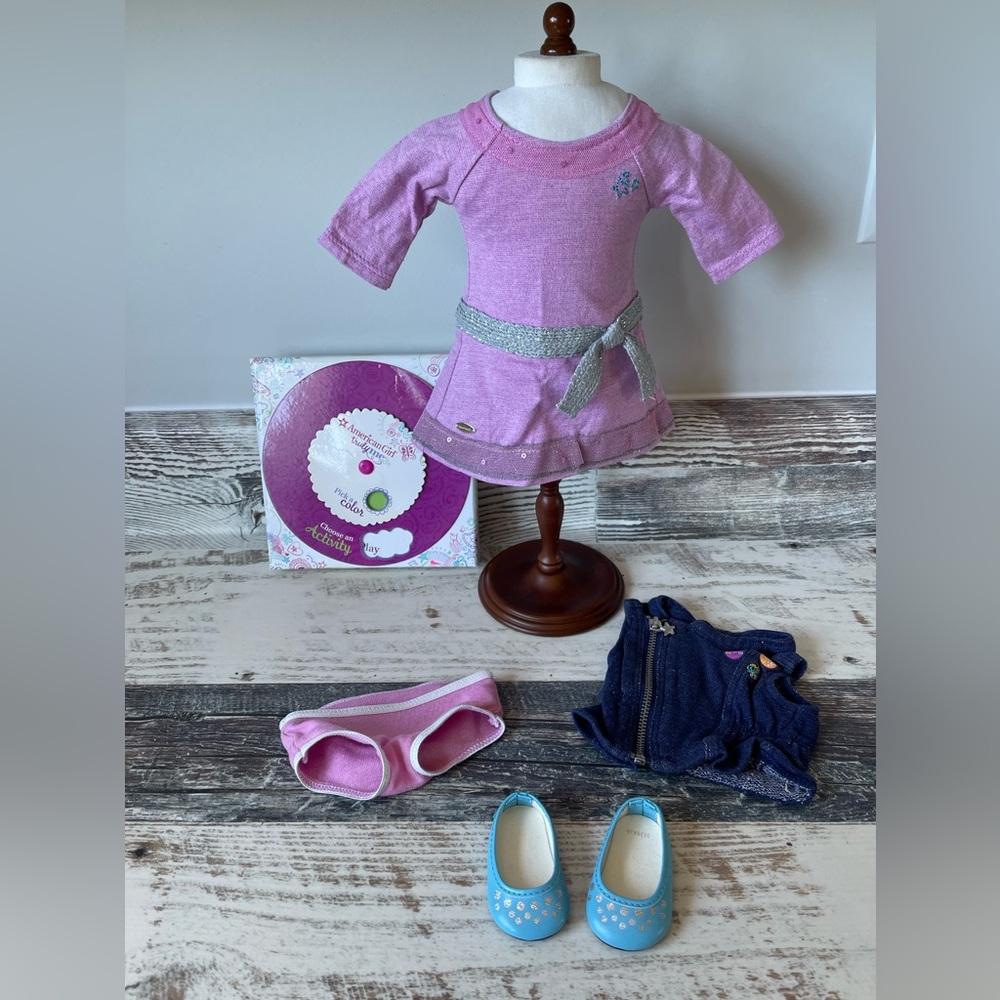American Girl Doll Truly Me LILAC Dress Meet Outfit + Jacket & ACTIVITY Kit